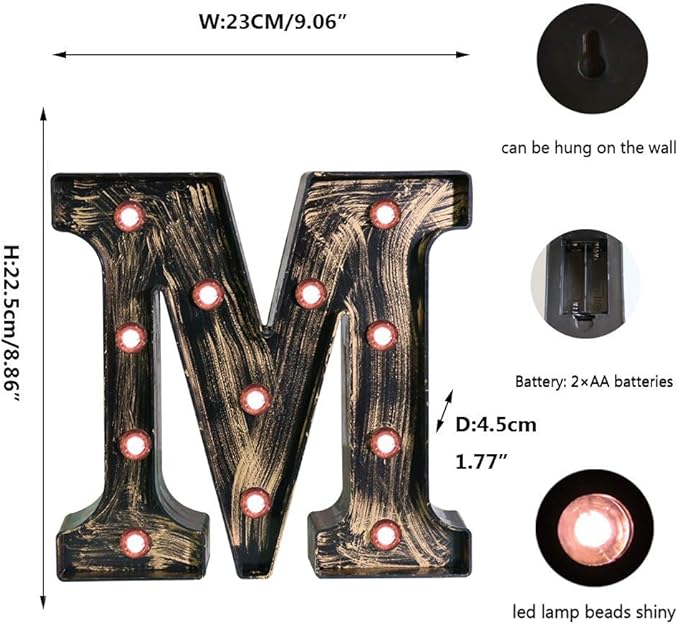 OYCBUZO Golden Black Led Marquee Letter - Industrial, Vintage Style Light Up Alphabet Letter Sign for Cafe Wedding Birthday Party Christmas Lamp Home Bar Initials Decor - M