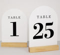 Wedding Table Numbers 1-25, Acrylic Arch Signs with Natural Wood Stands Holders, Rustic Table Decor for Reception & Parties (White Black)