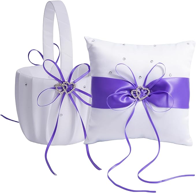 QIRMIZI Wedding Ring Pillow and Flower Girl Basket Set – Adorned with Pearl Rhinestones, White Satin,Purple
