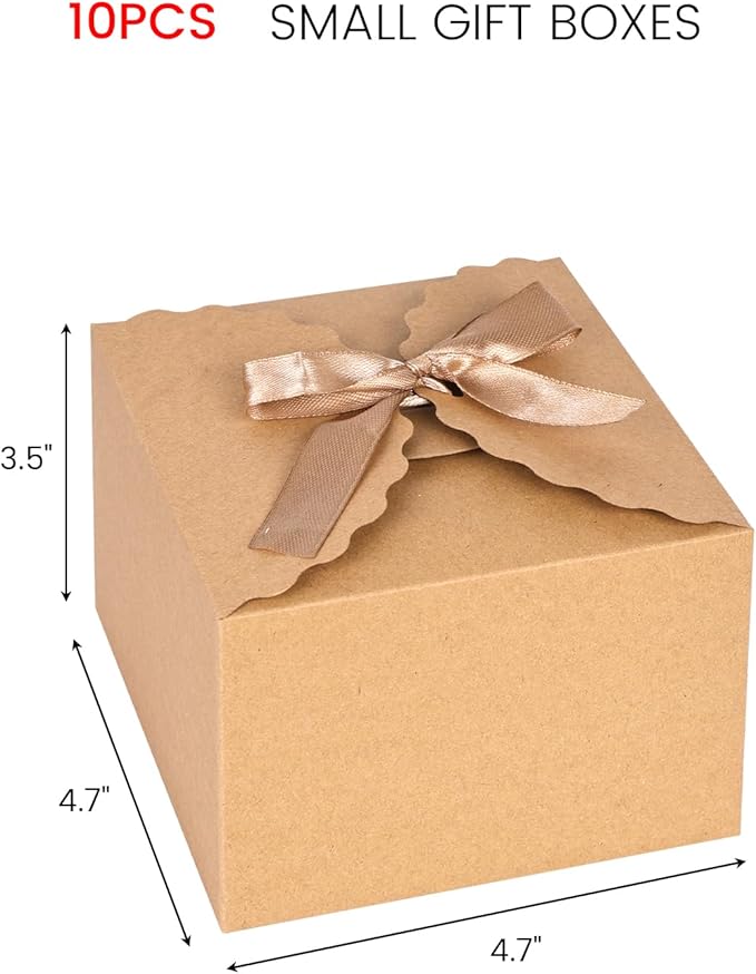 VGOODALL 10PCS Gift Boxes, 4.7" x 4.7" x 3.5" Brown Candy Boxes with Ribbon Mini Kraft Paper Party Favors for Candy Cookie Chocolate Gifts,Party Supplies