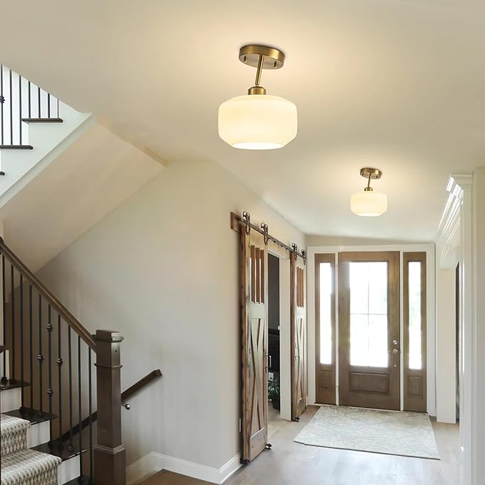 Tbaoinal semi Flush Mount Ceiling Light Fixture Adjustable Hanging Brass Gold Light Fixture 8.66" Modern Frosted Opal Milk Glass Shade Sloped Ceiling Adaptable for Hallway Light fixtures Entryway
