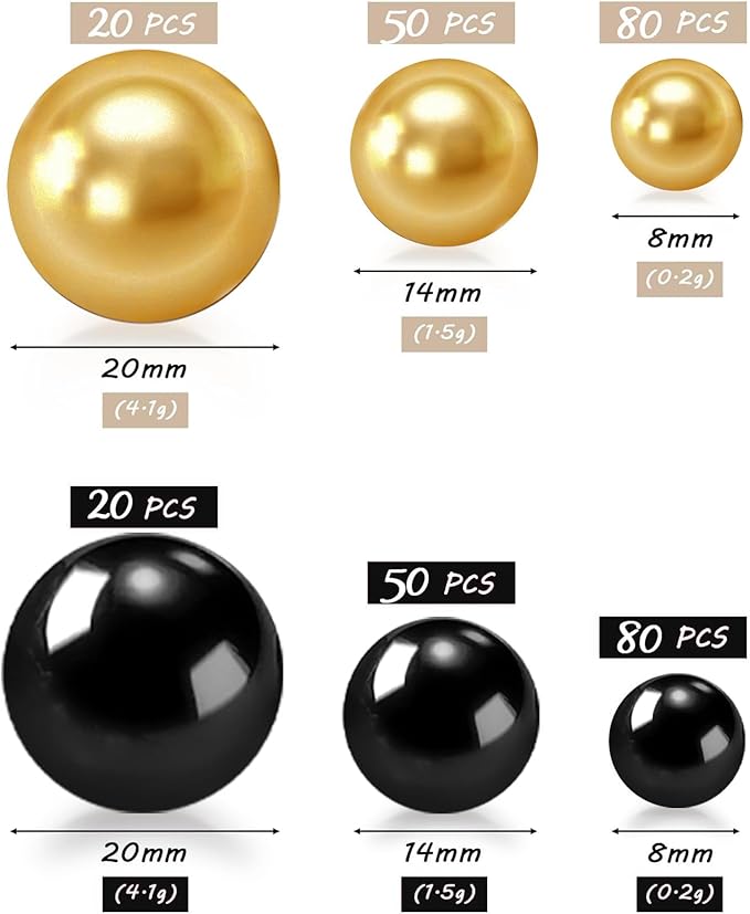 300Pcs Black&Gold Polished No Hole Faux Pearl Beads for Vase Filling Decorations, Plastic Pearls Vase Fillers, Table Scatters, Wedding Centerpiece, Home Decor, 8/14/20 mm