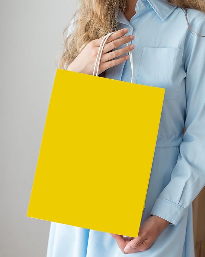 qiqee 100PCS Gift Bag with Handles Bulk Bright Yellow Paper Bags Multiple Uses (13''x5 x10 inch Large Size)