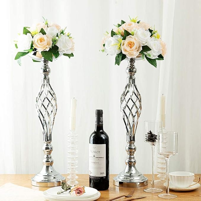 LANLONG 10pcs Metal Silver Candle Holders Road Lead Table Centerpiece Stand Pillar Candlestick for Wedding Candelabra Flowers Vases