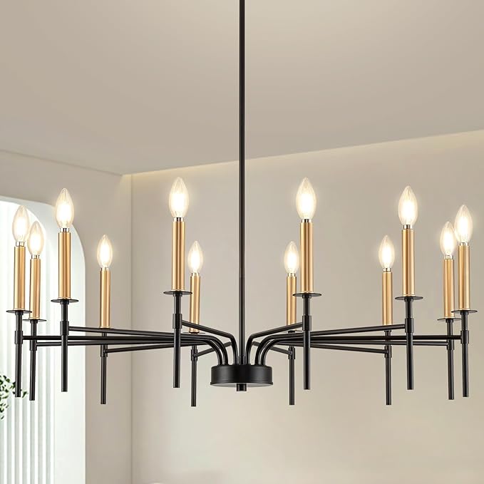 12 Light Modern Farmhouse Black and Gold Chandeliers for Dining Room Light Fixture, Metal Candle Chandelier Lighting Fixtures for Living Room Stair Foyer Entryway Bedroom Kitchen
