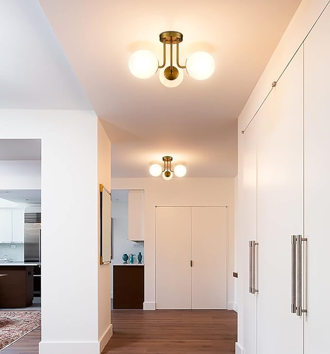 Modern Brass Gold 3-Light Ceiling Light with Globe White Glass Shade Semi Flush Mount Ceiling Light for Living Room Hallway Sputnik Chandelier Lighting Fixture