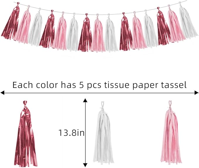 Rose-Gold Pink White Party Decorations - 15Pcs Tissue Paper Tassel Garland Birthday Decorations Valentines Day Decorations Baby Girl Shower Women Bridal Wedding Engagement Bachelorette HongTongTong