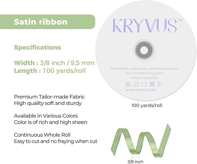 Sage Green Satin Ribbon 3/8 inch X Continuous 100 Yards, Single Face Polyester Ribbon Perfect for Gift Wrapping, Flower Bouquet, Wedding Decor, Crafts, Bow Making, Sewing and More
