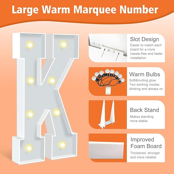 3FT Marquee Letters K, Party Decoration Large Marquee Light Up Letters, Pre-cut Foam Board Letter Set for Birthdays Baby Shower Wedding Event Bridal Shower Engagement Anniversarty Party Decor