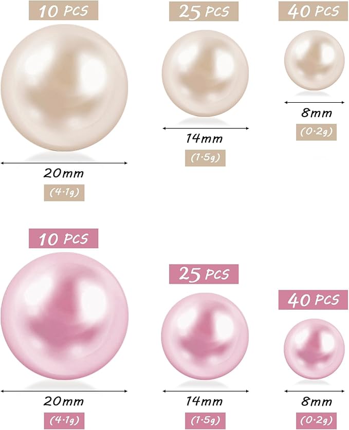 150Pcs Cream&Pink Polished No Hole Faux Pearl Beads for Vase Filling Decorations, Plastic Pearls Vase Fillers, Table Scatters, Wedding Centerpiece, Home Decor, 8/14/20 mm