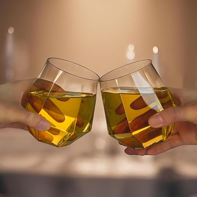 Goodluck 40 PCS Diamond Stemless Plastic Wine Whiskey Glasses, 12 Oz Disposable Cocktail Glasses, Suitable for Weddings, Birthday Parties, Family Gatherings, Bars, etc (Clear)