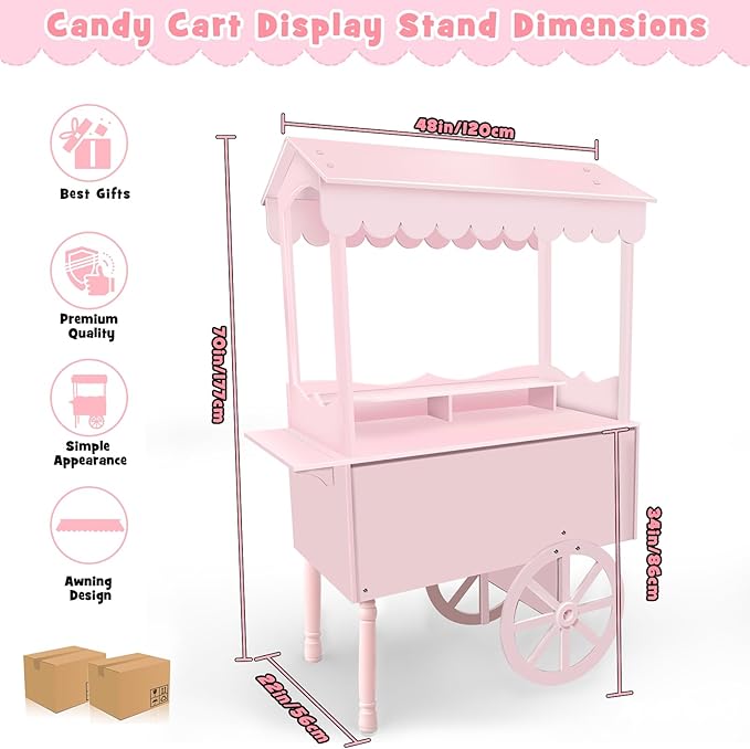 7FT Candy Cart Display Stand with Decorated Wheels, Dessert and Party Decoration Cart with 100 Ballons, Easy to Install Vintage for Parties, Birthdays, Weddings, (pink)