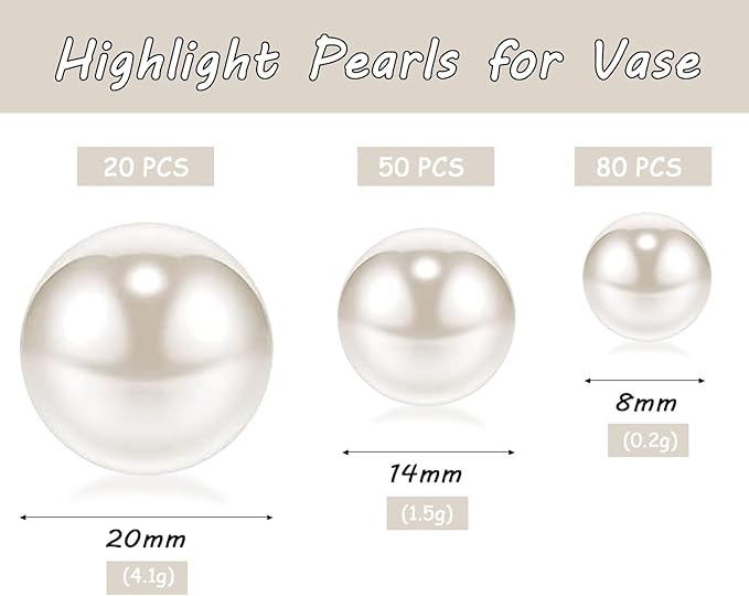 150Pcs White Polished No Hole Faux Pearl Beads for Vase Filling Decorations, Plastic Pearls Vase Fillers, Table Scatters, Wedding Centerpiece, Home Decor, 8/14/20 mm
