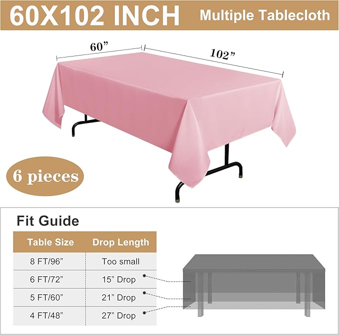sancua 2 Pack Pink Tablecloth 60 x 102 Inch, Rectangle Table Cloth for 6 Feet Tables - Stain and Wrinkle Resistant Washable Polyester Table Cover for Dining Tables, Christmas Buffet Parties