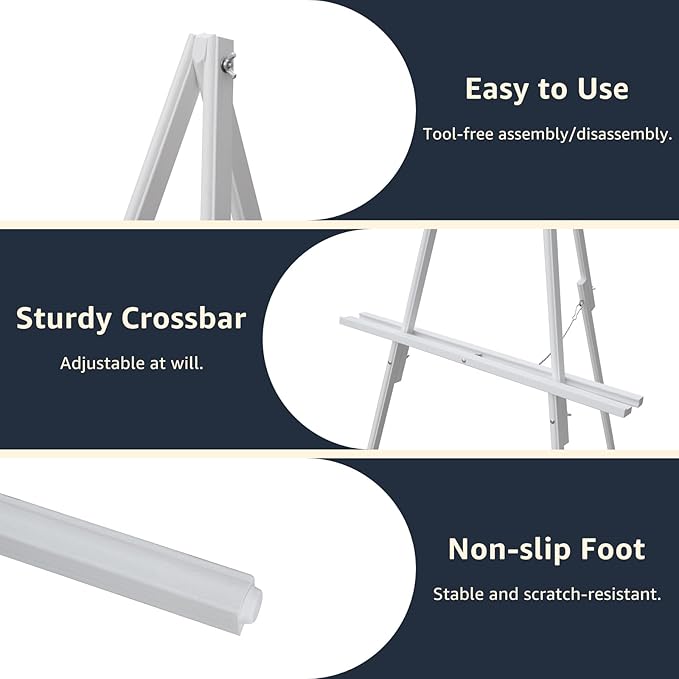 NianFeng Wooden Easel Stand for Sign, Easel Display Stand Floor for Wedding Sign with Adjustable Tray, 63-Inch, Tripod A-Frame Poster Light Duty, Welcome, Art Show & Baby Shower (White)