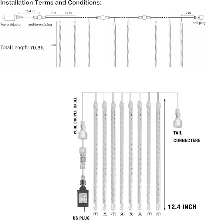 Dazzle Bright 1728 LED Christmas Light, Meteor Shower Rain Lights 11.8 Inch 48 Tubes, Waterproof Plug in Falling Rain Lights Decorations for Xmas Tree Yard Party (White)