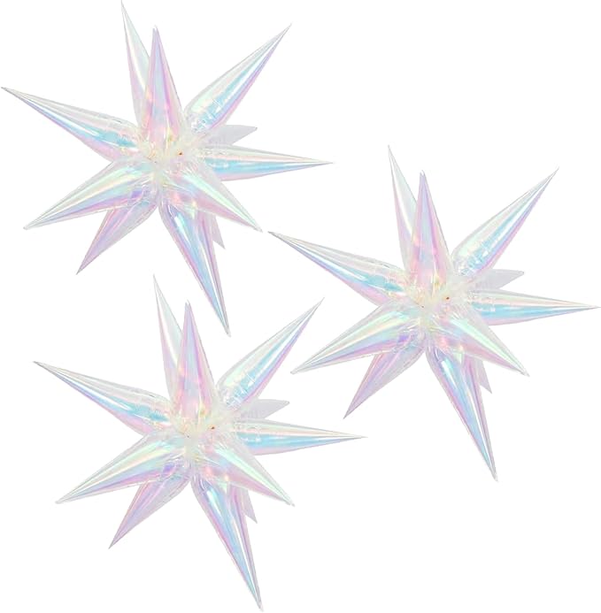 3pcs 26inch 3D iridescent Laser transparency(colorful) Explosion Star foil balloon, iridescent transparency Foil Cone Star burst Balloons for Birthday Wedding New Year Party Event