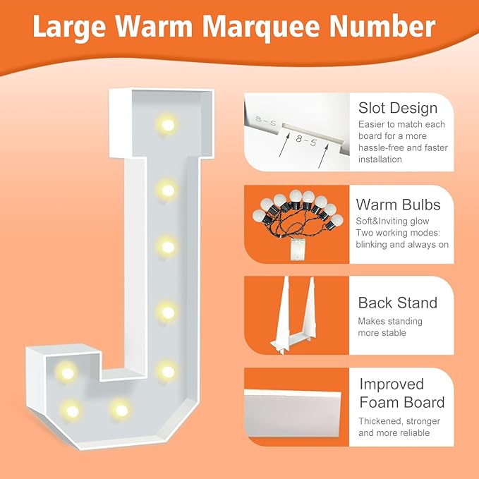 3FT Light Up Marquee Letters, 3 feet Tall Lighted Letters J, Mosaic Large Letter for Party Backdrop Decor, Mosaic Cardboard Letter for Weddings, Birthdays, Anniversaries, Easy to Assemble