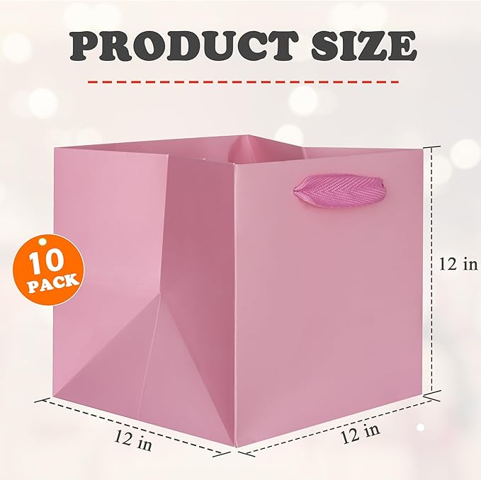 ADIDO EVA Pink Square Gift Bags Large Size Square Bottom Paper Bags with Handles for Party Favor, Shopping Bag (12x12x12 In, 10 CT)