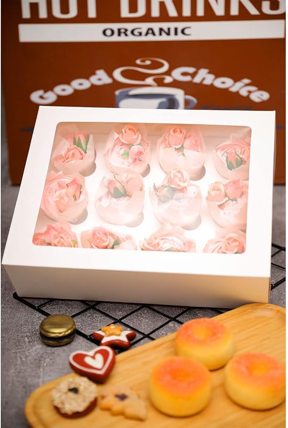 12 Cupcake Containers 20-Packs White Cupcake Box Cupcakes Carrier, 12 Cupcake Boxes with Window 13"x10"x3.5"（Auto-pop up）