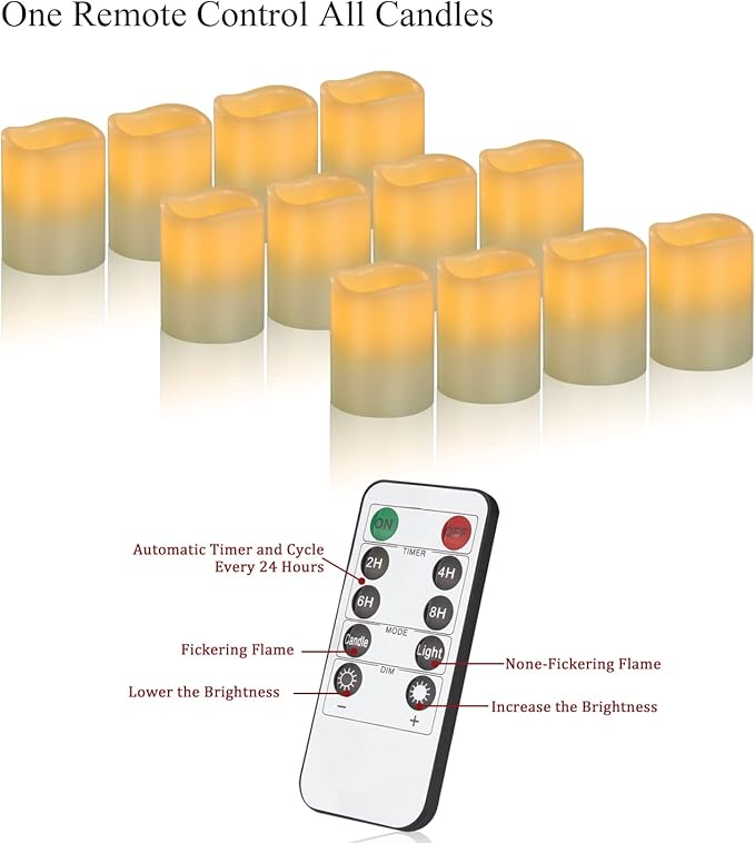 Vinkor Flameless Candles (Ivory Set of 12 （D: 3" x H: 4"）)