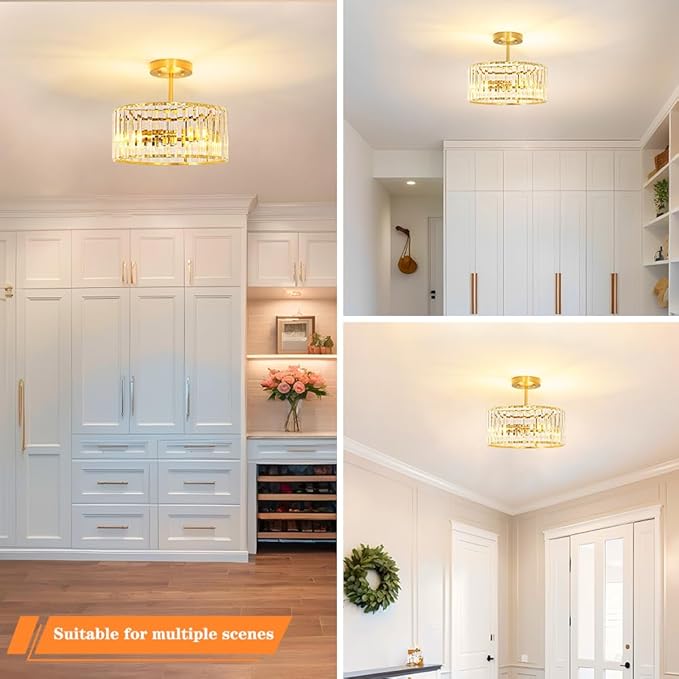 Modern Crystal Ceiling Light, Brushed Gold Semi Flush Mount Ceiling Lighting Fixture, Brass Hallway Light Fixtures Chandelier for Kitchen, Bedroom Dining Room Hallway Closet, 3-Light, 12 Inch