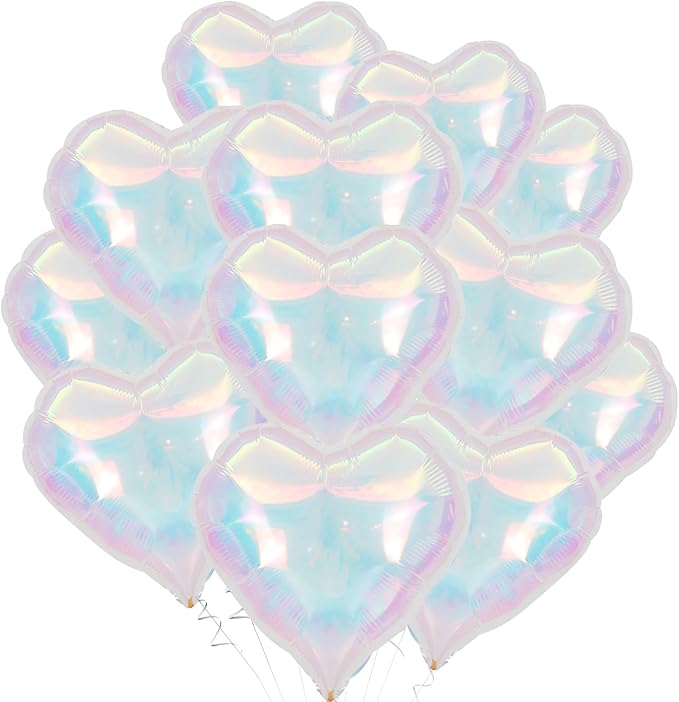Iridescent Heart Balloons,12Pcs 18Inch Iridescent Heart Shaped Foil Helium Polyester Film Balloons for Baby Shower Birthday Anniversary Wedding Engagement Disco Party Decorations