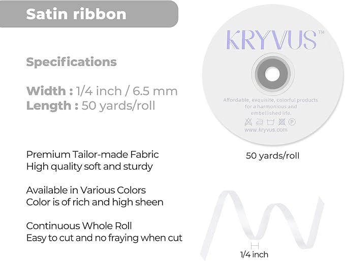 White Satin Ribbon 1/4 inch X Continuous 50 Yards, Single Face Polyester Ribbon Perfect for Gift Wrapping, Flower Bouquet, Wedding Decor, Crafts, Bow Making, Sewing and More