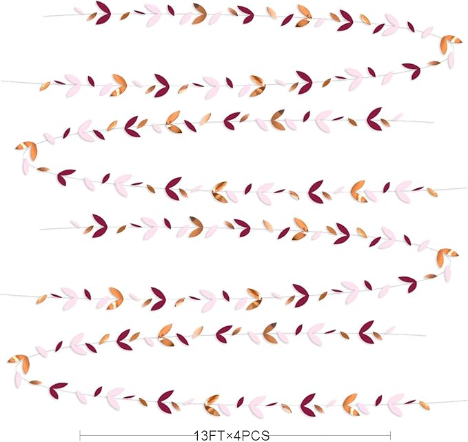 52 Ft Burgundy Rose Gold Party Decorations Leaf Garland Kit Paper Hanging Leaves Streamer Banner for Birthday Bachelorette Engagement Anniversary Wedding Bridal Shower Fall Autumn Party Decor Supplies