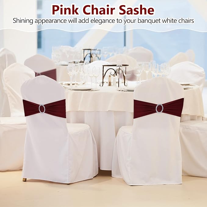 CHENGU 150 Pieces Spandex Stretch Chair Sashes Bows Elastic Chair Cover Bands Ties with Buckle Slider for Wedding Party Reception Events Universal Ceremony Banquet Decorations(Burgundy)