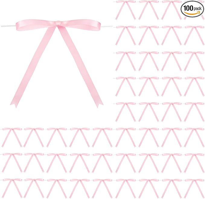 Riceshoot 100 Pcs Twist Tie Bows Bulk 5x7 Inch Satin Ribbon Bows for Gift Wrapping Cake Treat Bags Craft DIY Gift Wedding Baby Shower Birthday Party(Pink)