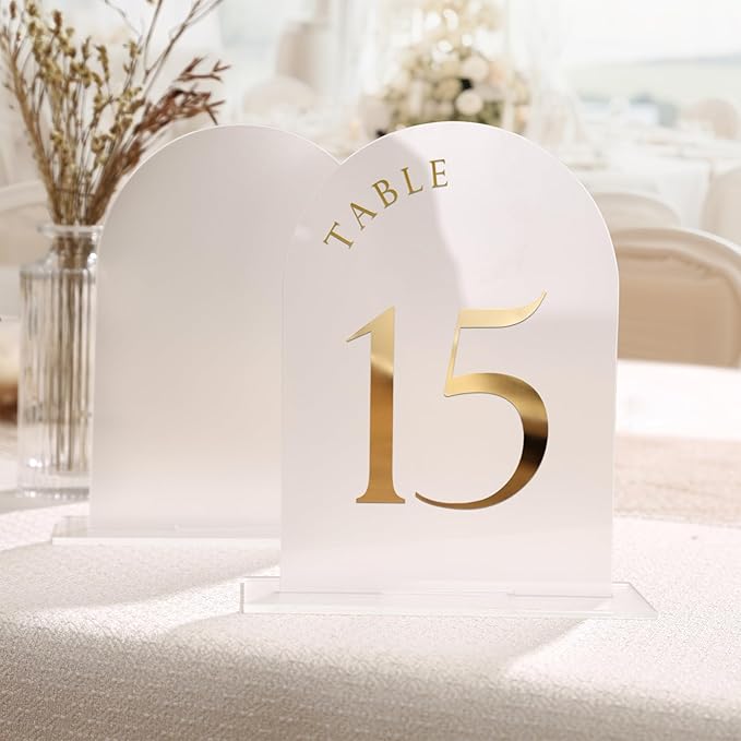 UNIQOOO 10 Pack Acrylic 5x7 Frosted Arch Table Sign for Wedding with Holders, 1/8 in Thick, DIY Blank Arch Sign Sheet Perfect for Decoration, Party,Anniversary, Event, Stand Included