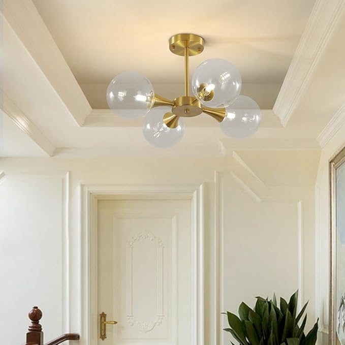 KCO Lighting 4-Lights Modern Globe Semi Flush Mount Ceiling Light Mid Century Brushed Brass Schoolhouse Close to Ceiling Light Gold Clear Glass Bubble Sputnik Chandelier Light Fixture