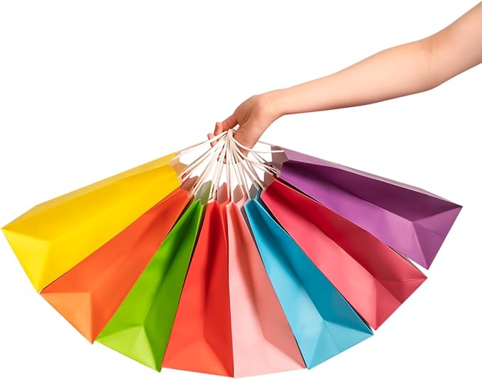 Bekoetoz 40 PCS White Kraft Paper Gift Bags With Handles 8 Colors 10.6 * 8.3 * 4.3 Inch Bulk Gift Bags For Birthdays,Weddings,Baby Showers,Party Favor,Goodie Bags(Medium,Rainbow)