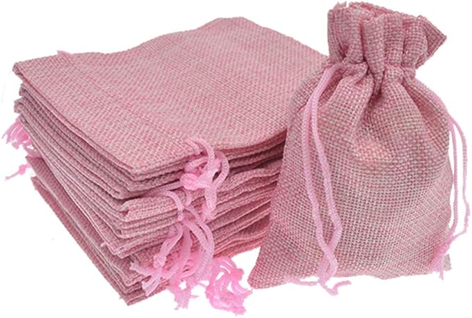 20Pcs Drawstring Burlap Bags 2.7 x 3.5 Inch, Pink Jute Sacks Jewelry Gift Pouch Christmas Candy Wedding Party Favor Bags