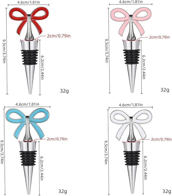 Cute Bow Wine Stopper Set of 4, Decorative Removable Metal Wine Bottle Stopper, Reusable Vacuum Bottle Corks with Silicone for Women, Gift, Christmas, Holiday Party - Silver