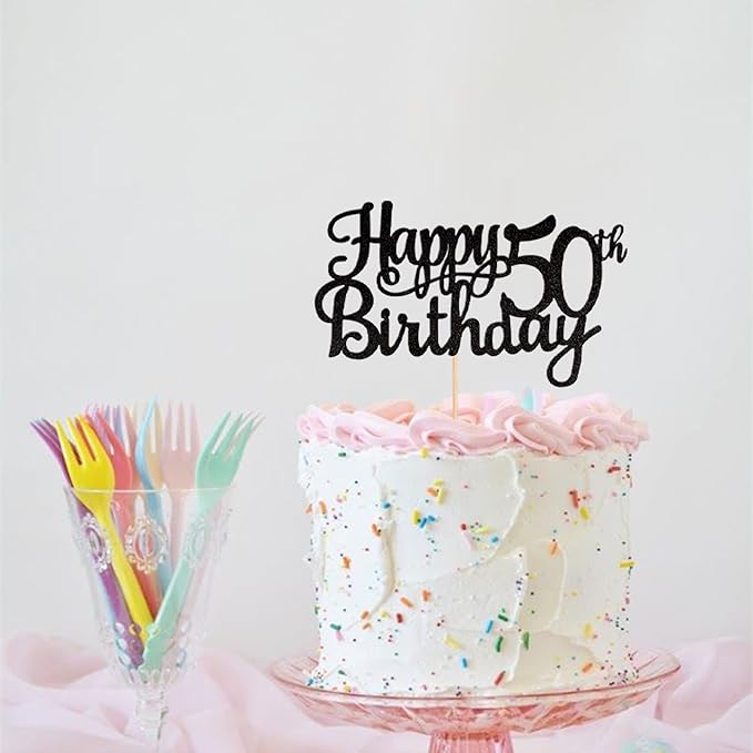 1 PCS Happy 50th Birthday Cake Topper Glitter Cheers to 50 Years Birthday Cake Pick 50 Fabulous Cake Decoration for Happy 50th Birthday Anniversary Party Decorations Supplies Black