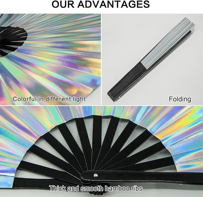 Large Rave Fan, Clack Folding Hand Fan with Premium Fabric, Thick Bamboo Frame for Men Women Gift for EDM, Festival, Club, Party, Dance, Decoration (Holographic Silver, 11")