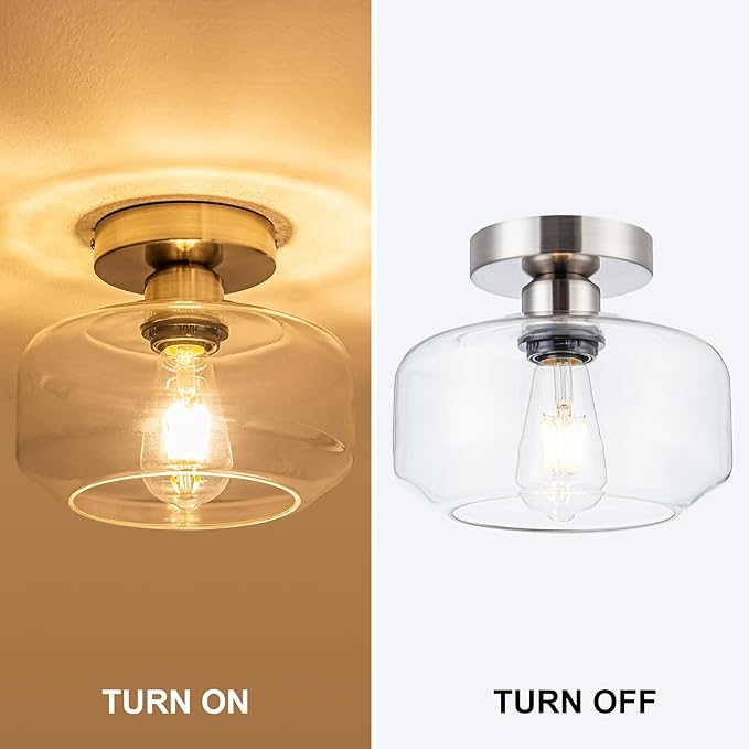 Semi Flush Mount Ceiling Light Fixture - Clear Glass & Brushed Nickel Base with 900 Lumen LED - Modern Kitchen Lighting Fixtures for Bathroom Hallway Entryway