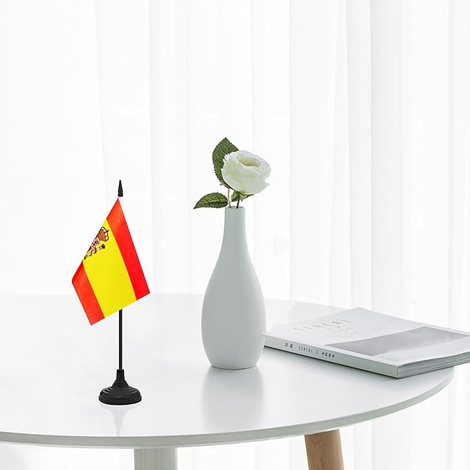12 Pack Spain Desk Flag Set, Spanish Table Office Flag, Small Miniature Desktop Flag With Black Pole and Black Base, Classroom, Offices Meeting Desk Decoration (Spain)