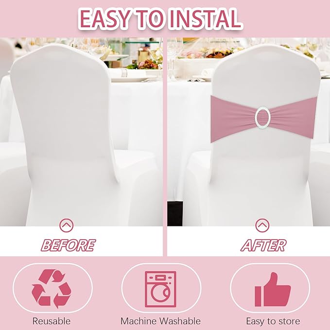 CHENGU 150 Pieces Spandex Stretch Chair Sashes Bows Elastic Chair Cover Bands Ties with Buckle Slider for Wedding Party Reception Events Universal Ceremony Banquet Decorations(Dusty Pink)