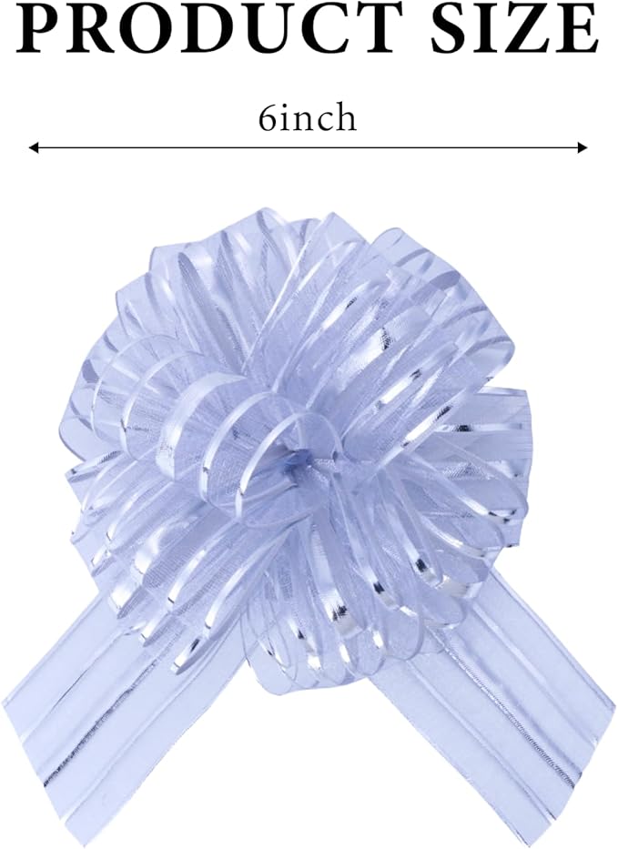 6 Pcs 6 Inch Silver Organza Pull Bow – Perfect for Wedding Decoration, Gift Wrapping Baskets, Car Bows, Birthday Parties, Christmas and Valentine's Day