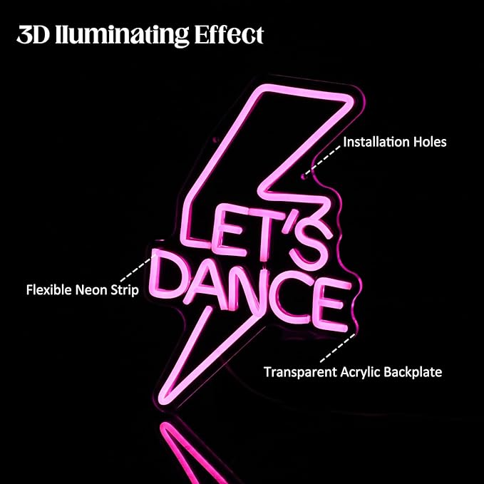 Let's Dance Neon Sign Pink Led Word Light Sign Lightning Bolt Neon Light Dance Light Up Signs Letter Neon Signs for Bedroom Bar Wedding Birthday Dancing Party Prom Night Decor Girl Gifts