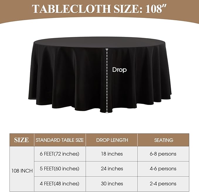 Round Tablecloth 2 Pack 108 Inch Black Tablecloths Washable Decorative Linen Polyester Table Clothes Cover for Dining Table Banquets Buffet Parties and Wedding