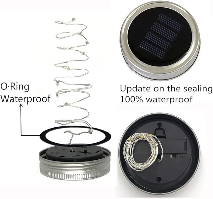 Solar Mason Jar Lights, 6 Pack 10 LED Jar Lid String Lights with 6 Hangers(No Jars), Waterproof Fairy Firefly Light for Garden, Patio, Outdoor, Yard, Lawn Decor(Warm White)