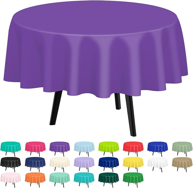 QIKSION Purple Round Tablecloth 3 Pack, 84 Inch Plastic Table Cover Disposable for Parties