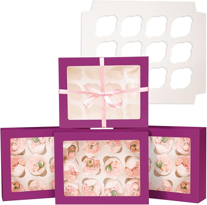12 Cupcake Containers 10-Packs Deep Purple Cupcake Box Cupcakes Carrier, 12 Cupcake Boxes with Window 13"x10"x3.5"（Auto-pop up）