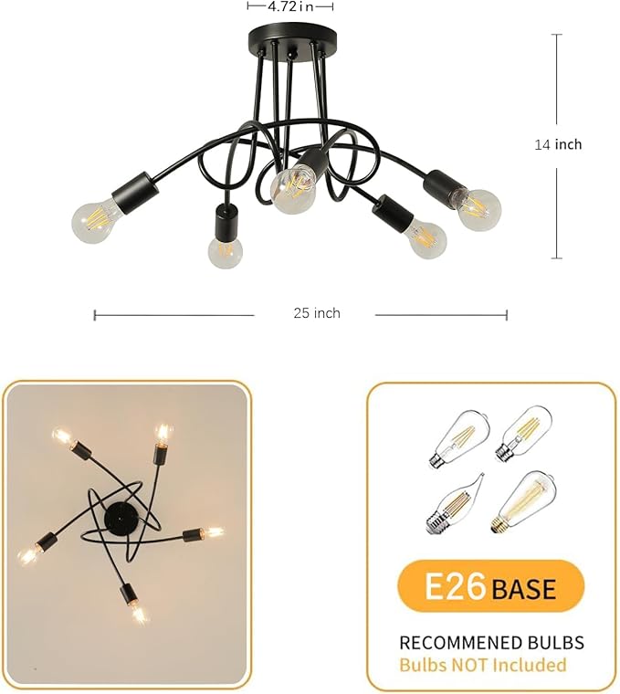 Modern Farmhouse Chandelier,25 Inch Black Metal Spiral Rustic Vintage Semi Flush Mounted Ceiling Light Fixture for Dining Room Bedroom Kitchen Island Hallway Foyer Entryway(5-Light)