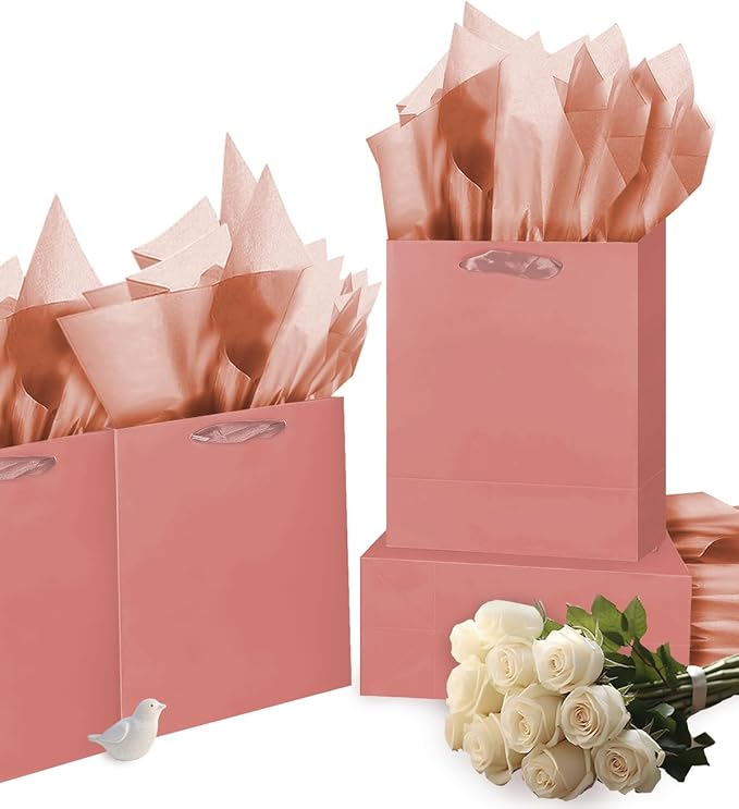 Gcardist Cinnamon Pink Gift Bags with Tissue Paper for Wedding, Birthday, Party Supplies - Medium Size Cardboard Gift Bags (16pcs + 32pcs Tissue Paper)