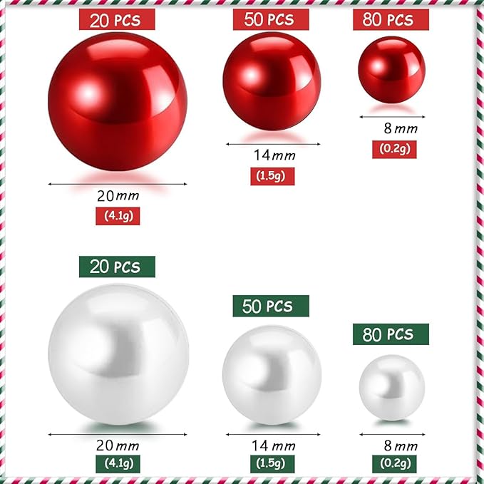 300Pcs Red&White Polished No Hole Pearl Beads Vase Filler, Christmas Vase Filling Decorations, Plastic Pearls, Table Scatters, Wedding Home Decor, 8/14/20 mm